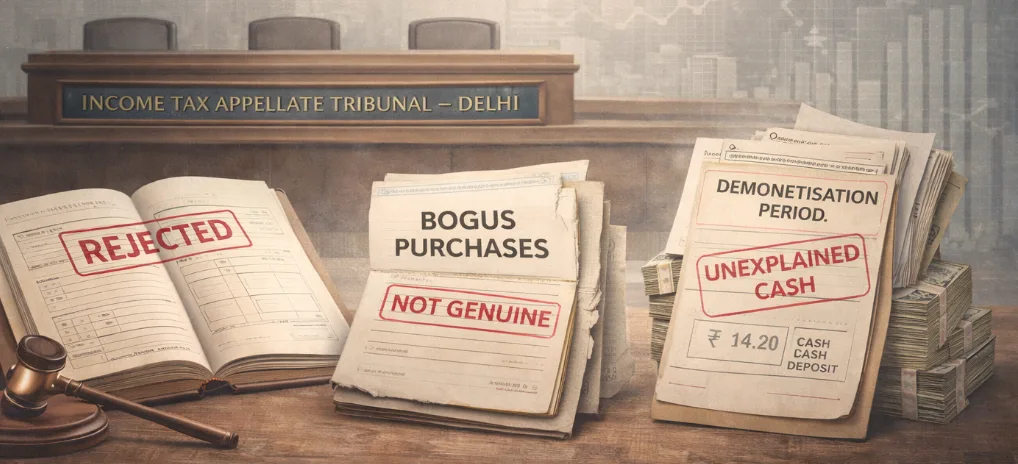 ITAT Delhi: Gross Profit Estimation Upheld After Rejection of Books Under Section 145(3); Bogus Purchases and Demonetisation Cash Addition Sustained